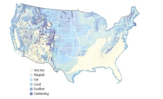 <strong>What region of the United States is best suited for producing wind used for energy? </strong> A) Southeast Mountains B) Northwest C) Northeast D) Western Mountains E) Southwest