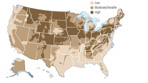 <strong>Where in the United States is the risk of radon exposure lowest? </strong> A) Michigan B) Florida C) Alabama D) North Dakota E) New Mexico