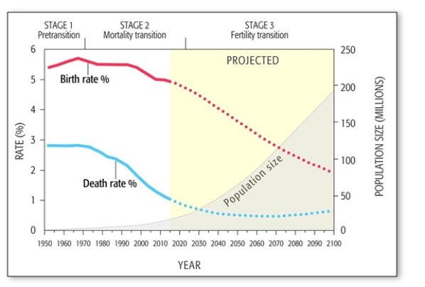 <strong> -According to this figure depicting Niger's population, when did the country enter the second stage of the demographic transition?</strong> A) 1950- 1960 B) 1990- 2000 C) 1975- 1980 D) 2000- 2010 E) 1960- 1970
