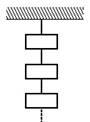 <strong> -In the figure, a certain type of string will break if the tension in the string exceeds 300 N. A number of 8-kg weights are hung one below the other from a hook in the ceiling using this string. The number of weights that causes the string to break and the string segment that will break are as follows:</strong> A) When the 4th weight is added, the top string segment will break. B) Each segment has a tension of 78.4000015 N, and there is no limit to the number of weights that can be suspended. C) When the 4th weight is added, the bottom string segment will break. D) When the 4th weight is added, all string segments will break. E) When the 38th weight is added, all string segments will break.