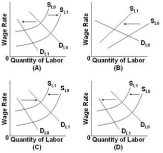 <strong> -Refer to the above graphs. If union workers decide to take more leisure, while the prices of the products produced by union workers increase, this situation is depicted in graph:</strong> A) A. B) B. C) C. D) D.