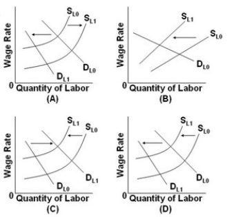 <strong> - Refer to the above graphs. If union workers decide to take more leisure, while the prices of the products produced by union workers decrease, this situation is depicted in graph:</strong> A) A. B) B. C) C. D) D.