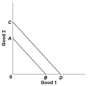 <strong> - In the diagram above, Cheri's budget line shifts outward from AB to CD. Which statement below is consistent with this shift?</strong> A) Both prices double; her income doubles. B) Her income is reduced; no change in either price. C) Both prices are reduced by 50 percent; her income is reduced by less than 50 percent. D) Both the price of good 1 and Cheri's income increase; there is no change in the price of good