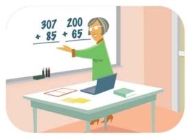 <strong>Complete la oración según la imagen.La _____ de mi hijo es muy creativa y buena con sus estudiantes. </strong> A) recepcionista B) diseñadora C) maestra D) abogada
