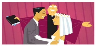 <strong>Complete la oración según la imagen.Hoy es el día _____ de Jaime y Cecilia. </strong> A) de la luna de miel B) del divorcio C) de la boda D) de la pareja
