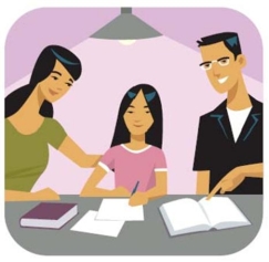 Los padres de la imagen ayudan a su hija con la tarea.