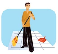 Complete the sentence based on the image.Luis tiene un quehacer en su residencia: todos los días, necesita _____ el piso.