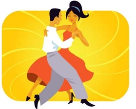 <strong>Complete the sentence based on the image. Elizondo y Marta _____ toda la noche en la fiesta. </strong> A) juegan B) tocan C) bailan D) andan