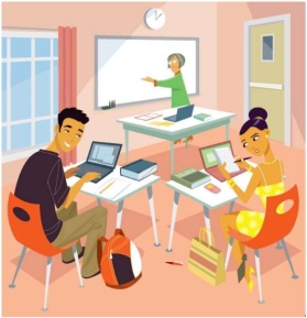 <strong>Select the correct preposition to complete the sentence based on the image.El bolígrafo rojo de la estudiante está _____ del escritorio. </strong> A) a la derecha B) a la izquierda C) encima D) lejos