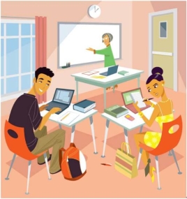 <strong>La profesora está _____ de los estudiantes. </strong> A) encima B) enfrente C) debajo D) detrás