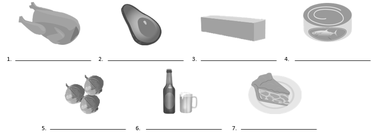 Write the correct word for each food and drink represented.
