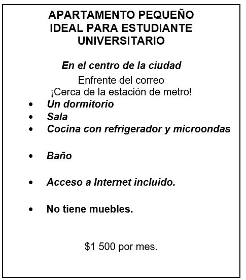 <strong>El anuncio. Lee con atención el siguiente anuncio. Luego, lee las oraciones y selecciona cierto o falso de acuerdo a la lectura. -Este anuncio es de una residencia universitaria.</strong> A) Cierto B) Falso