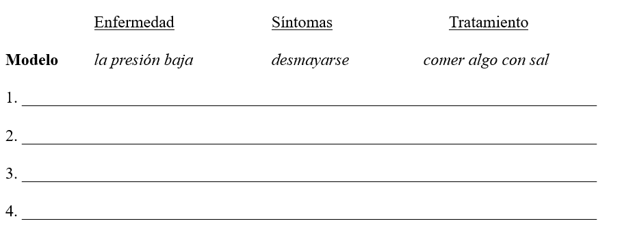 Las enfermedades. Empareja cada enfermedad con sus síntomas y tratamiento. Sigue el modelo.    <div style=padding-top: 35px> 