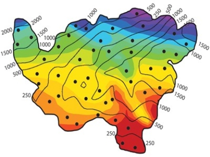 <strong>2)In classifying the climate of this imaginary country, the wettest and coolest areas are in the ______. The colors represent temperatures (warmest is red, coolest is purple), and the contour lines represent average precipitation in millimeters. </strong> A)southwest. B)northeast. C)southeast. D)northwest.