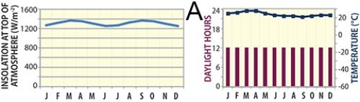 <strong>73)Which of these graphs represents a site near the equator, such as near Ecuador? </strong> A)A B)B C)C D)D