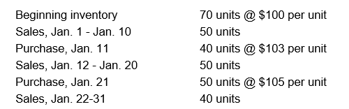 Use the following inventory related information for Questions below: Matt's Sporting Goods had the following inventory records for the month of January. -Assuming the last in first out (LIFO) method is used, what is Matt's Cost of Goods Sold for the month of January?