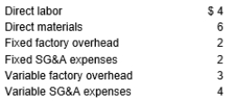 Robert Corporation has the following information for October, November, and December of the current year: Production costs per unit (based on 5,000 units) are as follows: There were no beginning inventories for October, and all units were sold for $25. Costs are stable over the three months. Calculate the difference between Robert's December income under absorption and variable costing.