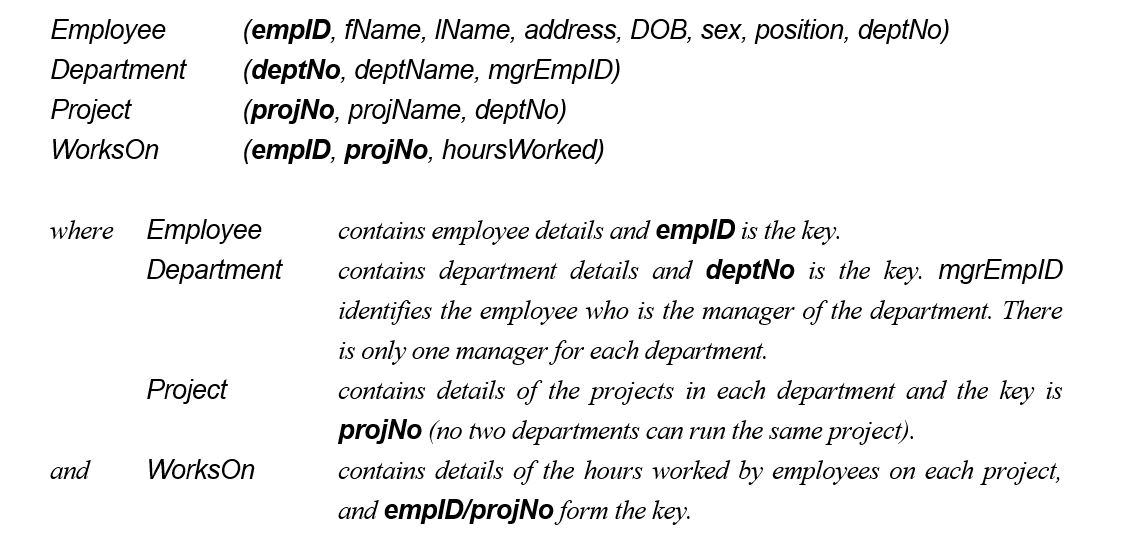 The following tables form part of a database held in a Relational Database Management System: Formulate the following queries in relational algebra, tuple relational calculus, and domain relational calculus. (1) List all employees. (2) List all the details of employees who are female. (3) List the names and addresses of all employees who are Managers. (4) Produce a list of the names and addresses of all employees who work for the 'IT' department. (5) Produce a list of the names of all employees who work on the 'SCCS' project.