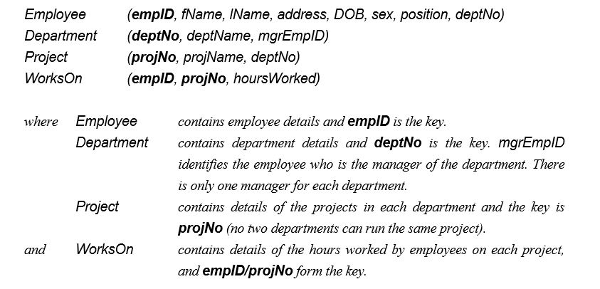 The following tables form part of a database held in a Relational Database Management System: (a) (1) List all employees in alphabetical order of surname and within surname, first name. (2) List all the details of employees who are female. (3) List the names and addresses of all employees who are Managers. (4) Produce a list of the names and addresses of all employees who work for the 'IT' department. (5) Produce a complete list of all managers who are due to retire this year, in alphabetical order of surname. (6) Find out how many employees are managed by 'James Adams'. (7) Produce a report of the total hours worked by each employee, arranged in order of department number and within department, alphabetically by employee surname. (8) For each project on which more than two employees worked, list the project number, project name and the number of employees who work on that project. (9) List the total number of employees in each department for those departments with more than 10 employees. Create an appropriate heading for the columns of the results table. (b) Create a view of employee details for all employees who work on project 'MIS Development', excluding department number.
