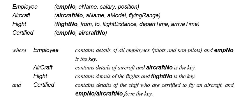 The following tables form part of a database held in a Relational Database Management System: Formulate the following queries in SQL (the answers to these queries in relational algebra, tuple relational calculus, and domain relational calculus were given in the previous section). (1) List all Boeing aircraft. (2) List all Boeing 737 aircraft. (3) List the employee numbers of pilots certified for Boeing aircraft. (4) List the names of pilots certified for Boeing aircraft. (5) List the aircraft that can fly nonstop from Glasgow to New York (flyingRange > flightDistance). (6) List the employee numbers of employees who have the highest salary. (7) List the employee numbers of employees who have the second highest salary. (8) List the employee numbers of employees who are certified for exactly three aircraft.