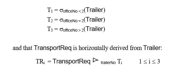 Case Study 3 - Rapid Roads Client \quad \quad (<u>clientNo</u>, cName, cAddress, cTelNo, cFaxNo, officeNo) Unit \quad \quad \quad (<u>unitRegNo</u>, unitDescription, maxPayload, officeNo) Trailer \quad \quad \quad (<u>trailerNo</u>, trailerDescription, trailerLength, maxCarryingWt, officeNo) ClientOrder \quad \quad (<u>orderNo</u>, clientNo, dateOrder, collectDate, collectAddress, deliveryDate, deliveryAddress, loadWeight, loadDescription) TransportReq \quad (<u>orderNo</u>, <u>unitRegNo</u>, trailerNo) Staff \quad \quad \quad (<u>staffNo</u>, sName, sAddress, sTelNo, sex, DOB, position, NIN, taxCode, salary, officeNo) Office \quad \quad (<u>officeNo</u>, oAddress, oTelNo, oFaxNo, countryNo) Country \quad \quad (<u>countryNo</u>, countryName) For a more complete description, see Case Study 5 under Chapter 22. -Now assume that the relation Trailer given in Question 20.7 is horizontally fragmented as follows: Transform the relational algebra tree from Question 21.7 into a reduced query on fragments. Give a full explanation of the reasoning behind each step and state any transformation rules used during the reduction process.