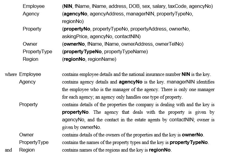 Case Study 1 - Real Estate Agency A large real estate agency has decided to distribute its project management information at the regional level. A part of the current centralized relational schema is as follows: Agencies are grouped regionally as follows: Region 1: North; Region 2: South; Region 3: East; Region 4: West Information is required by property type, which covers: Domestic, Industrial, and Letting. There are no Industrial properties in the South and all Letting properties are in the West of Scotland. Properties are handled by the local estate agents office. As well as distributing the data on a regional basis, there is an additional requirement to access the employee data either by personal information (by Personnel) or by salary-related information (by Payroll). -(a) Draw an Entity-Relationship Diagram for the above case study. (b) Using this diagram from (a) above, produce a distributed database design for the system that satisfies the correctness rules for fragmentation and include: (i) a suitable fragmentation schema for the system; (ii) in the case of primary horizontal fragmentation, give a minimal set of predicates; (iii) the reconstruction of global relations from fragments. Give a full explanation of the reasoning behind each step and state any assumptions necessary to support your design.
