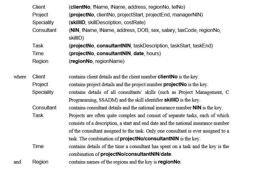 Case Study 2 - Quack Consulting Quack Consulting is a computer consulting firm that specializes in developing and installing PC-based hardware/software systems. Quack Consulting has decided to distribute its project management information at the regional level. A part of the current centralized relational schema is as follows: Consultants are grouped regionally as follows: Region 1: North; Region 2: South; Region 3: East; Region 4: West In addition, clients are grouped into the same regions; projects are managed by the office closest to the client. As well as distributing the data on a regional basis, there is an additional requirement to access the employee data either by personal information (by Personnel) or by salary-related information (by Payroll). -(a) Draw an Entity-Relationship Diagram for the above case study. (b) Using this diagram from (a) above, produce a distributed database design for the system that satisfies the correctness rules for fragmentation and include: (i) a suitable fragmentation schema for the system; (ii) in the case of primary horizontal fragmentation, give a minimal set of predicates; (iii) the reconstruction of global relations from fragments. Give a full explanation of the reasoning behind each step and state any assumptions necessary to support your design.