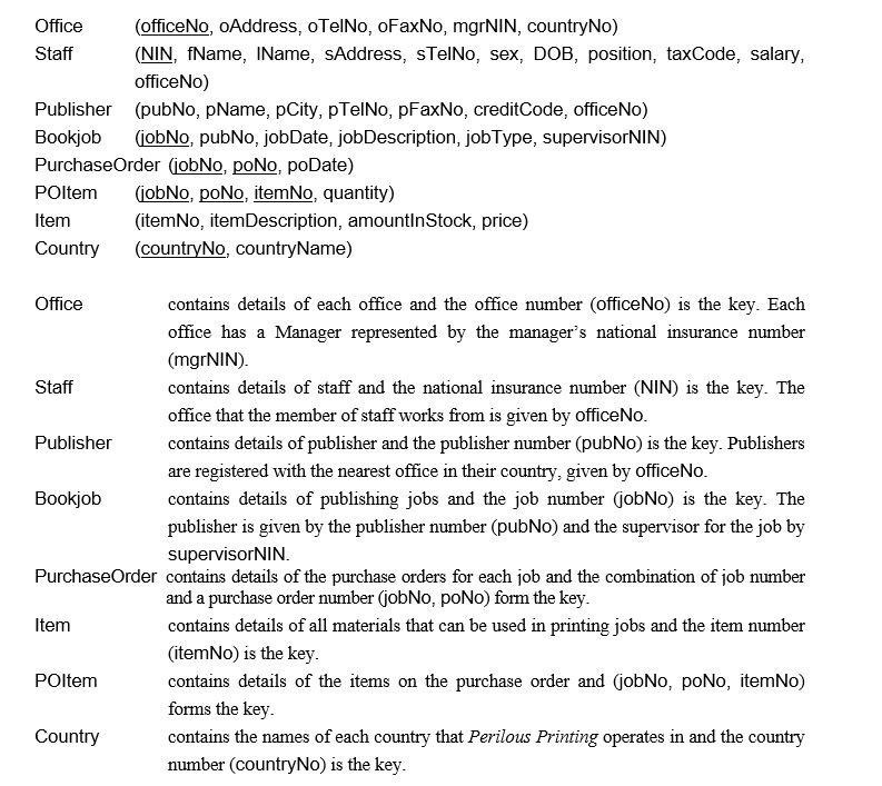Case Study 6 - Perilous Printing Perilous Printing is a large printing company that does work for book publishers throughout Europe. The company currently has over 50 offices, most of which operate autonomously, apart from salaries, which are paid by the head office in each country. To improve the sharing and communication of data, the company has decided to implement a Distributed DBMS. Perilous Printing jobs consist of printing books or part of books. A printing job requires the use of materials, such as paper and ink, which are assigned to a job via purchase orders. Each printing job may have several purchase orders assigned to it. Likewise, each purchase order may contain several purchase order items. As well as accessing printing jobs based on the publisher, jobs can also be accessed on the job type (jobType), which can be: 1 - Normal; 2 - Rush. The offices of Perilous Printing are grouped into countries as follows: Country 1: UK \quad Country 2: France \quad Country 3: Germany Country 4: Italy \quad Country 5: Spain -(a) Draw an Entity-Relationship Diagram for the above case study. (b) Using this diagram from (a) above, produce a distributed database design for the system that satisfies the correctness rules for fragmentation and include: (I) a suitable fragmentation schema for the system; (ii) in the case of primary horizontal fragmentation, give a minimal set of predicates; (iii) the reconstruction of global relations from fragments. Give a full explanation of the reasoning behind each step and state any assumptions necessary to support your design.