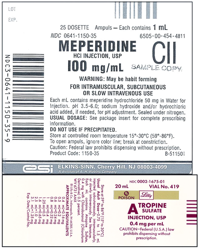 Order: meperidine 70 mg and atropine sulfate 0.6 mg, IM stat Drugs available: a. How many milliliters of meperidine would you give? How many milliliters of atropine? b. Explain how the two drugs can be mixed.