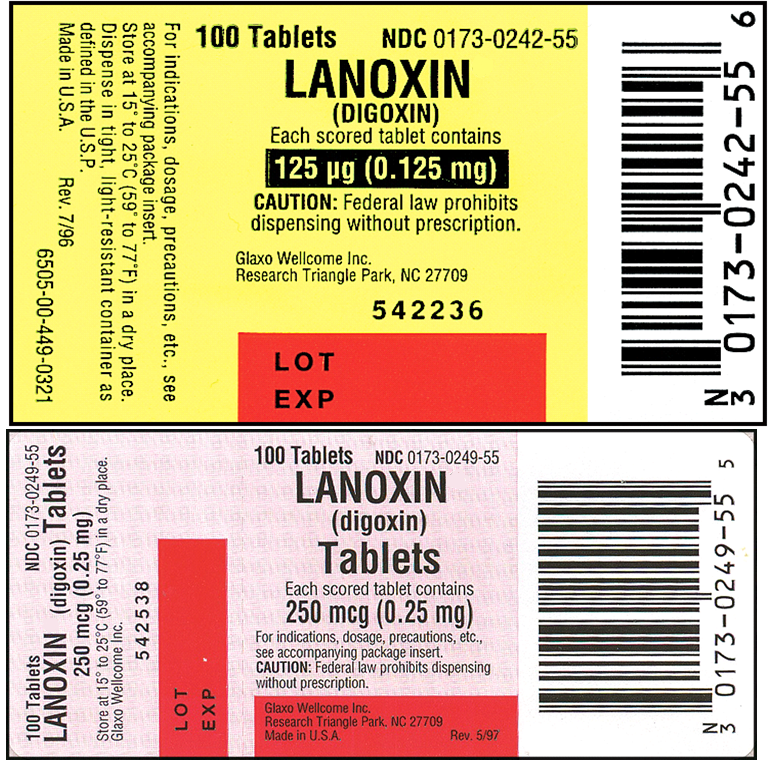 Order: digoxin (Lanoxin) 0.5 mg, PO, daily Drugs available:   a. Which bottle of digoxin (Lanoxin) would you use? b. How many tablets would you give?<div style=padding-top: 35px> 