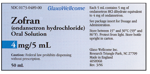 A child 10 years old had surgery; nausea and vomiting has occurred because of narcotics used for pain. , Order: ondansetron (Zofran) 2 mg, po, 30 minutes before narcotic administration, q8h, prn , Drug available:   How many milliliters should the child receive 30 minutes before the administration of the narcotic?<div style=padding-top: 35px> 