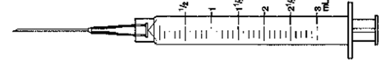 Indicate the requested dose with a line through the calibration on the syringe. -2.9 mL