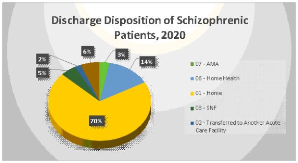According to the pie chart, what was the discharge disposition for the least number of schizophrenic patients?  