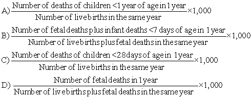 <strong>The nurses at a local Women's, Infant's, and Children clinic are compiling a state report for the past year. Which equation should the nurses prioritize to achieve an accurate infant mortality rate? </strong> A) A B) B C) C D) D