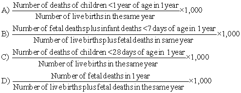 <strong>The public health nurse has recently relocated to an underserved area and notes the data are out of date. Which formula will be best for the nurse to utilize to calculate the fetal mortality rate of this community? </strong> A) A B) B C) C D) D