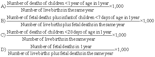 <strong>The public health nurse is working with a committee to develop a healthcare clinic for a growing group of refugees. When gathering data to determine the needed statistics, which formula will present the most accurate perinatal morality rate? </strong> A) A B) B C) C D) D