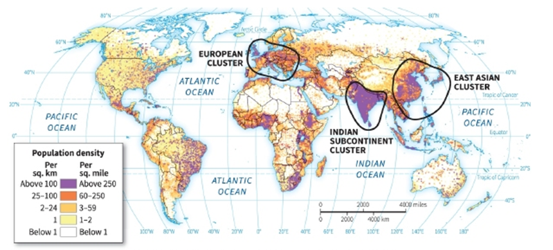 <strong> -According to the figure, which area is NOT sparsely populated?</strong> A) the southern section of Europe B) the desert belt through North Africa and the Arabian peninsula C) the northern section of North America D) most of Australia