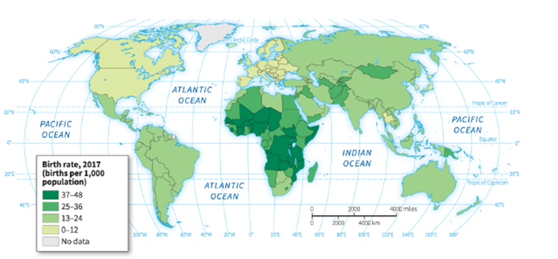 <strong> -According to this map, all of the following have low birth rates EXCEPT:</strong> A) Europe B) North America C) Sub-Saharan Africa D) Russia