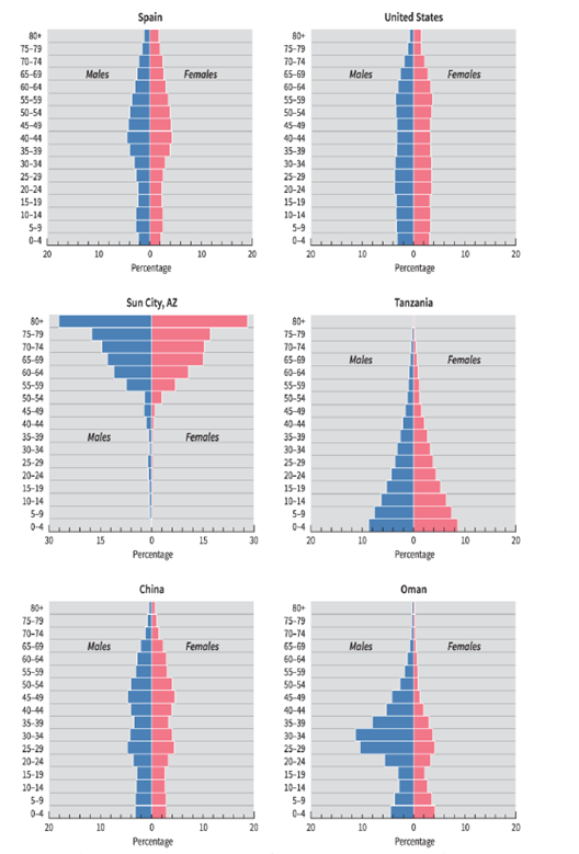 <strong> -Which of the locations shown is MOST likely to be perceived as a retirement community?</strong> A) the United States B) China C) Tanzania D) Sun City, Arizona