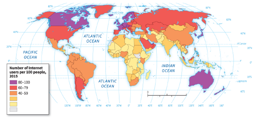<strong> -According to the map, the digital divide is greatest between _____ and _____.</strong> A) Europe; Asia B) Asia; Australia C) South America; Russia D) North America; Africa