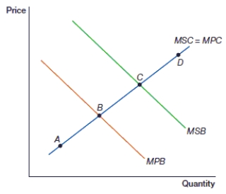 <strong>(Figure: Externalities and Social Equilibrium 2) In this figure, which point represents private equilibrium? </strong> A) A B) B C) C D) D