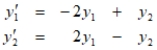 Suppose that two countries are in an arms race modeled by the system of differential equations where y<sub>1</sub> and y<sub>2</sub> are measured in thousands. Find the solution for the system with initial conditions , and use it to predict the long-term amounts of arms held by each country.