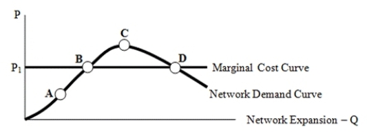 The equilibrium point on the following network demand curve occurs at point