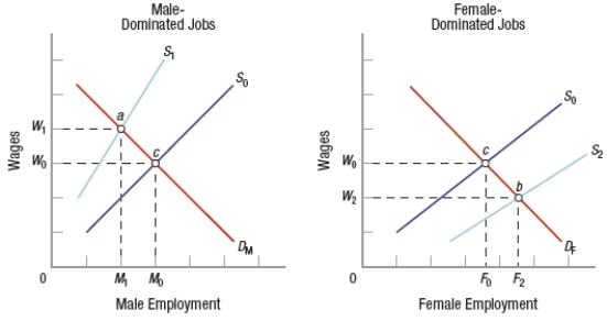 In a segmented labor market as shown in the graph, the wage gap between the two markets is represented as