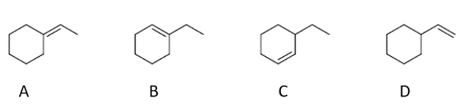 <strong>What are the two products that form during an E2 reaction on (1-bromoethyl)-cyclohexane? </strong> A) compound A B) compound B C) compound C D) compound D