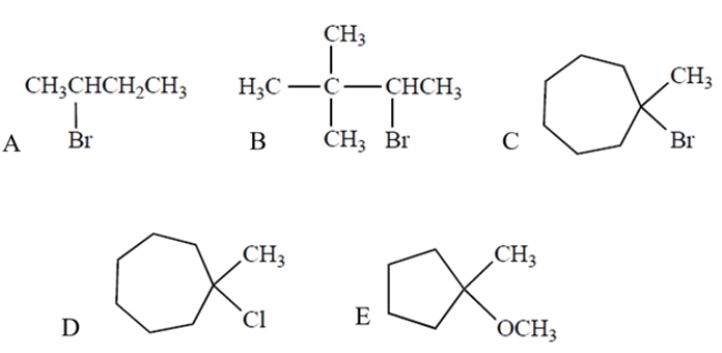 <strong>Which compound will undergo the fastest S<sub>N</sub>1/E1 reaction in methanol, a protic solvent? </strong> A) compound A B) compound B C) compound C D) compound D E) compound E