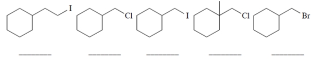 Rank the starting materials in terms of their rate of product formation in a reaction with sodium fluoride in dimethylformamide (1 being the fastest and 5 being the slowest). (Dimethylformamide (DMF) is a polar aprotic solvent.) 