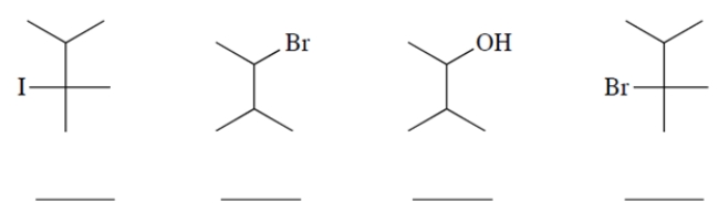 Rank these starting materials on their rate of reaction in hot ethanol (1 being the fastest and 4 being the slowest).