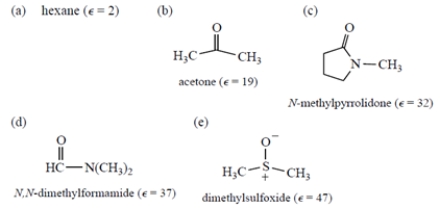 <strong>Sodium chloride, an ionic compound, should be most soluble in which solvent? (<font face=symbol></font> = dielectric constant) </strong> A) compound a B) compound b C) compound c D) compound d E) compound e