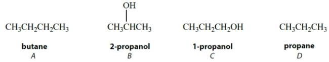 <strong>Arrange these compounds in order of increasing boiling point (lowest boiling point first). </strong> A) A < B < C < D B) B < C < D < A C) D < A < C < B D) D < A < B < C